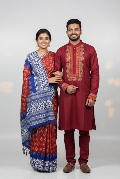 কাপল ড্রেস কালেকশন চান্দুরি সিল্ক শাড়ি ও ধুপিয়ান পাঞ্জাবি